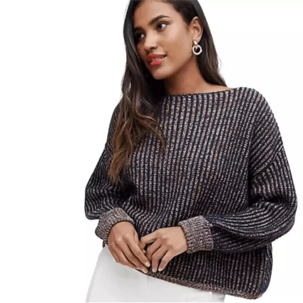 French Connection Millie Mozart contrast trim striped puff sleeve sweater, sz M